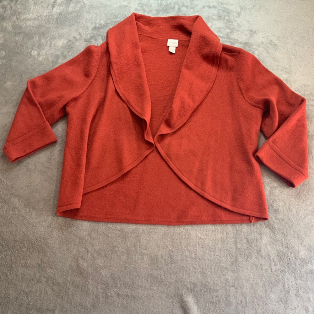 Chicos Wool Open Front Cardigan Rust Orange Shawl Collar Cropped Sweater Size 3